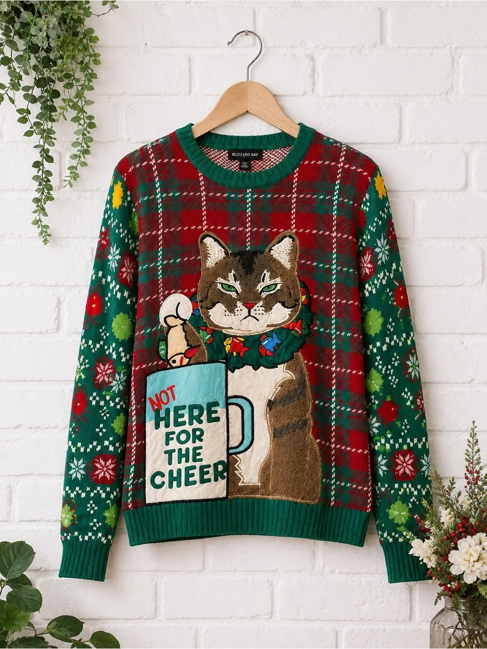 Blizzard Bay Festive Cat Holiday Sweater - Green & Red